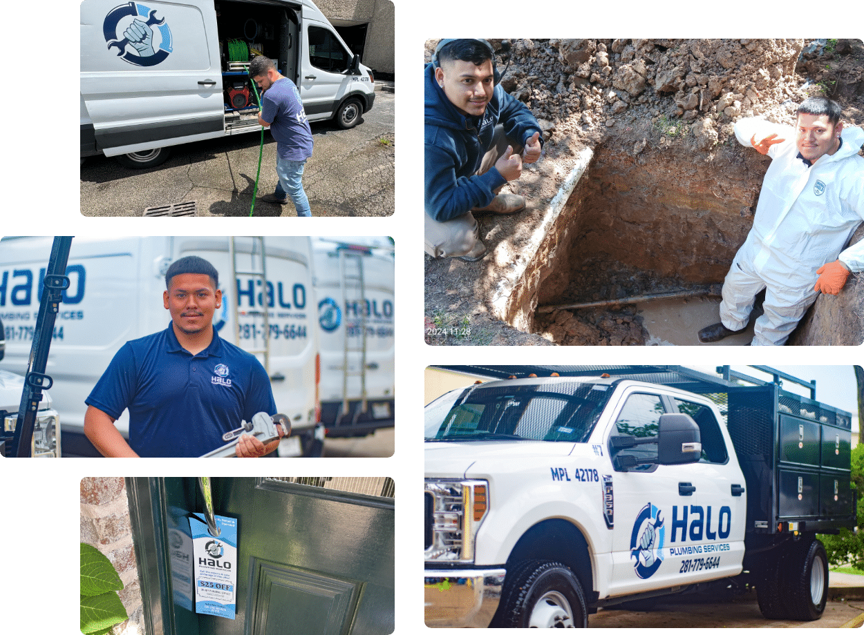 Collage of Halo Plumbing project and team photos